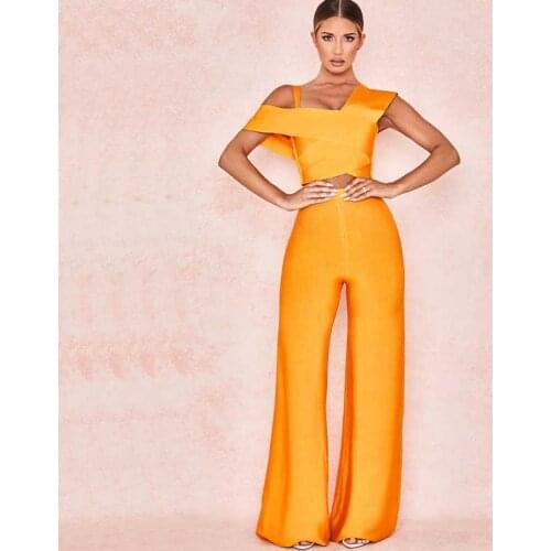 Wholesale 2020 New 2 Piece Set Orange bandage top&trousers Sexy Two-piece suit celebrity Cocktail party dress