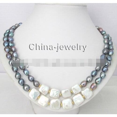 - 17-18" 2row 8-9mm white & black baroque freshwater pearl necklace