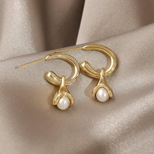 Origin Summer Korean Fashion Gold Petal Pearl Dangle Earings for Women Elegant Metal Party Hook Earings Jewelry Accessories