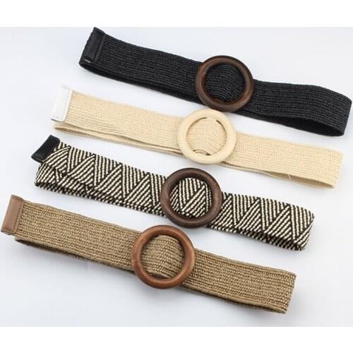 Q Vintage Boho Braided Waist Belt Summer Solid Color Female Belt Round Wooden Smooth Buckle Wide Belts Women Dress Accessories