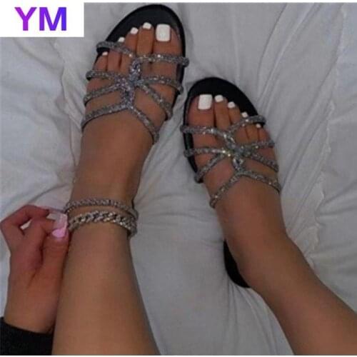 Silver Gold Rhinestone Womens Sandals Summer Open Toed Outer Sandals Sexy Sapatos Mulher Zapatillas Mujer Casa Mule Feminino