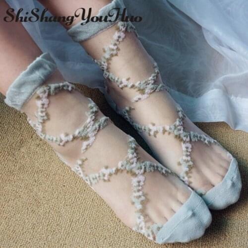 Shishangyouhuo 4pcs=2pairs/lot Comfy Sheer Silk Summer Ankle Transparent Crystal Lace Short Socks Girl Meias Women Princess CW12