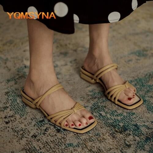 YQMSYNA Fashion Women Slippers Genuine Leather Flat With Narrow Band Slides Summer Outside Leisure Mixed Colors Adult Shoes AS42
