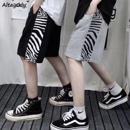 Shorts Women Retros Vintage Summer Hip Hop Zebra Striped Korean Style Loose All-match Casual Couples High Waist Knee-length Chic