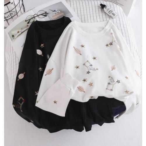 Cartoon Constellation Star Printed Women Students Hoodies Sweatshirt Long Sleeve polerones mujer 2019 Black White Pullovers Thin