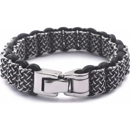 Jewels Vintage Black Leather Link Bracelets Men Stainless Steel Rectangle Box Chain Wristband Bracelet Homme Hip Hop Jewelry