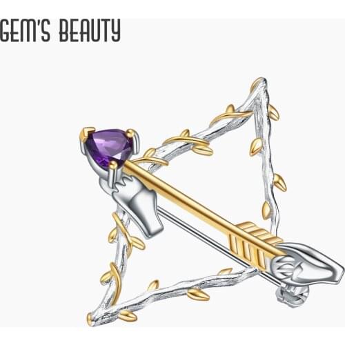 GEMS BEAUTY Lover Heart Amethyst 925 Sterling Silver Brooch Cupid Arrow 18k Gold Filled Gemstone Brooch For Women Fine Jewelry