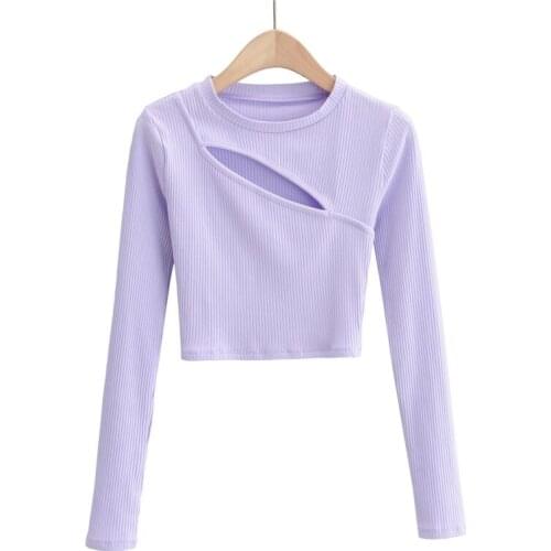 Spring autumn new street fashion round neck long sleeve short knitted T-shirt women, solid color tight-fitting hollow T-shirt Ms