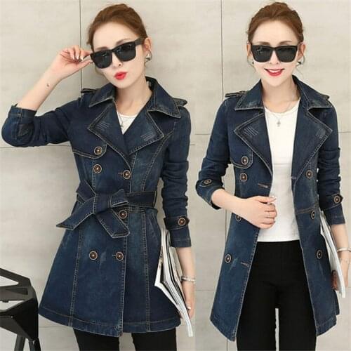 Women Cowboy Jacket 2021 Autumn Denim Coat Mid-length Double Breasted Belt Jeans Windbreaker Female Tops Womens Coats C917