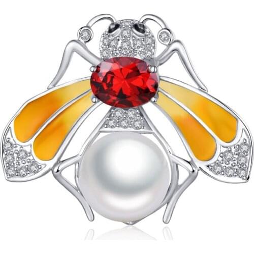 Luxury Zirconia Pearl Insect Brooches for Women Vintage Red/Yellow Crystal Bee Brooch Pins Shawl Suit Accessories Jewelry Gifts