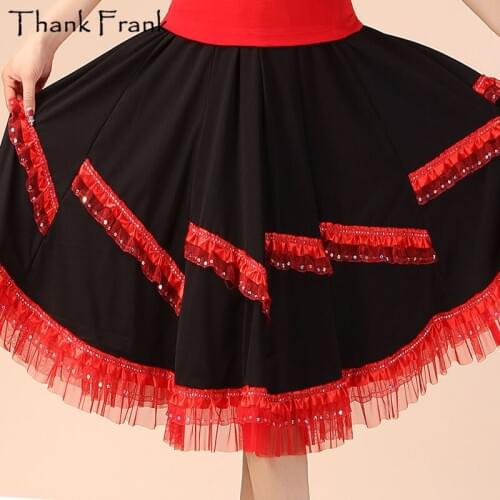 Discount Women Sequin Skirt Adult Red Rose Red Latin Skirts Classic Ballroom Dance Dress Fashionable Elastic Dance Wear SK18