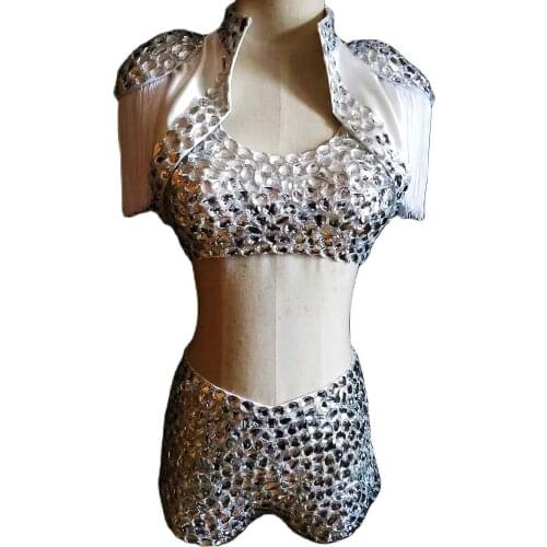 Shining Full Diamonds Women White Tops Shorts Belly Dance Outfits Evening Party Birthday Celebrate Costumes Singer Stage Wear