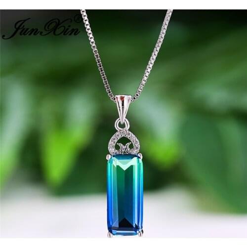 Female Rainbow Fire Crystal Rectangle Pendant Wedding Necklaces For Women Silver Color Blue Green Pink Zircon Stone Necklace