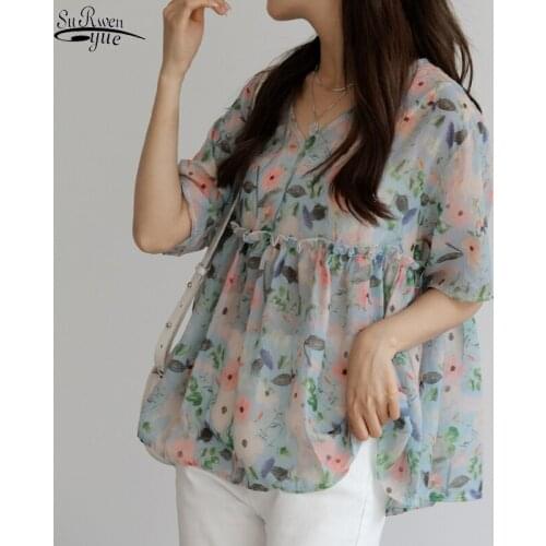 New 2021 Simple V-neck Loose Slim Long Sleeve Ladys Tops Korean Sweet Floral Print All-match Elegant Chiffon Shirt Women 15715