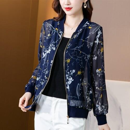 TingYiLi Floral Print Chiffon Summer Jacket Coat Women Long Sleeve Zip Cardigan Korean Elegant Ladies Thin Sun Proof Coat Top