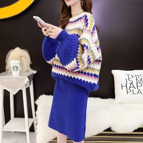2021 New Autumn Winter Casual Two Pieces Set Women Loose Long Sleeve Pullover Knitted Sweater Solid Knitted Skirts Suits