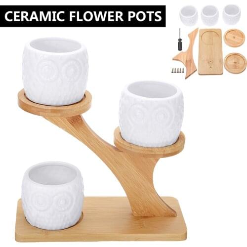 3 Pack Simple Ceramic Flower Plant Pot with 3 Tier Bamboo Shelf Succulent Stand Holder for Home Garden Decor