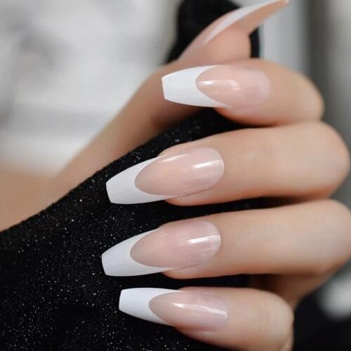 White French Ballerina Fake Nails Natural Nude Coffin Flat False Nail Tips for Salon Party Faux Ongle Free Adhesive Tapes