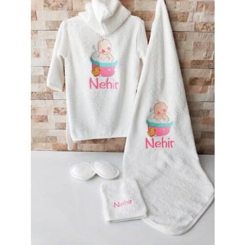 Jaju Baby Handmade, Pink Baby and Cute Duck Embroidered - Custom Embroidered Bathrobe SET