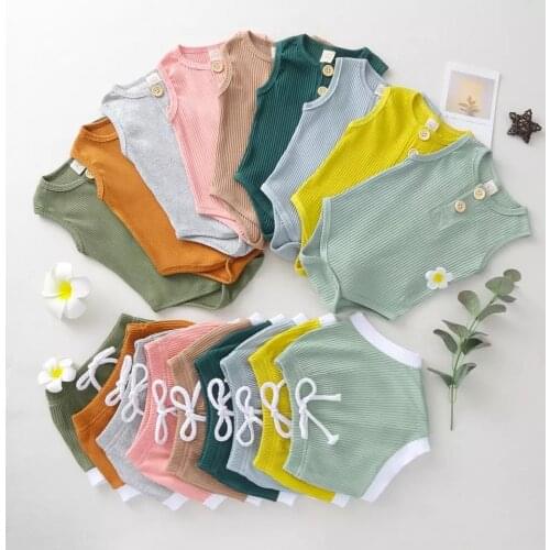 0-24M Newborn Baby Boy Girl Clothes Sets 9 Colors Solid Sleeveless Knit Romper Tops Shorts Pant Bottom 2PCS