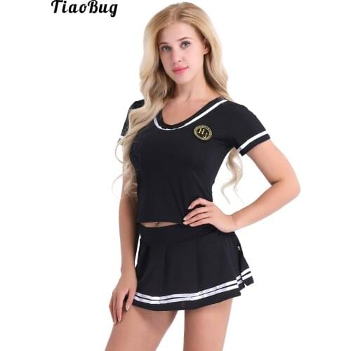 TiaoBug Summer 3Pcs Women Cheerleader Uniforms Cosplay Costume Lingerie Outfit Short Sleeve T-Shirt With Mini Skirt And G-String