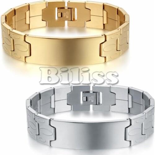 Fashion Men Jewelry Smooth Simply Men ID Bracelet Silver Color Gold Stainless Steel 16mm Wide Bracelet pulseras hombre 8.1 inch