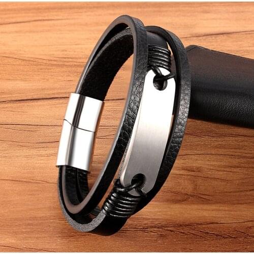 Fashion Charm Magnetic Name Customsized Rope Black Genuine Leather Bracelet Men Punk Bangles Jewelry Wholesale Accessories