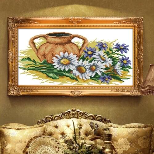 Daisy and pot Cross Stitch Kits Flowers Printed patterns Parlour Fabric Embroidery Needlework set Easy Cross-stitch Handmade