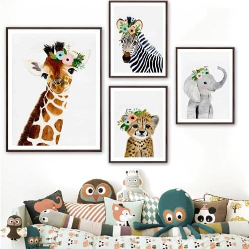 Zebra Giraffe Elephant Tiger Leopard Flower Wall Art Canvas Painting Nordic Posters And Prints Wall Pictures Kids Room Decor
