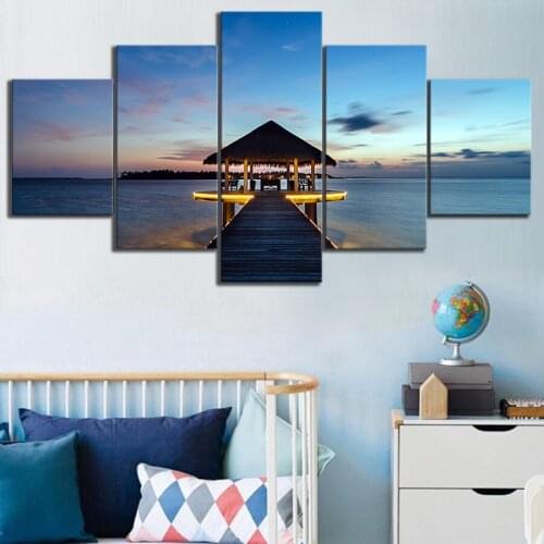 Wall Art Pictures Canvas Posters 5 Panel Maldives Island Sunset Landscape Home Decor Abstract Painting Printed Photo Framework