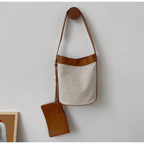 2021 New High Qaulity PU Leather Canvas Bucket Bag for Women Korean Style Luxury Brand Designer Shoulder Crossbody Bags Handbags