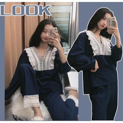 Sexy Homewear Womens Sweet Princess Cotton Lace Pajamas Set Top Women Full Sleeve Shirt Pant kPaCotAkoWka Mom Casual Pajamas