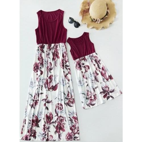 Mother Daughter Dresses Outfits Sleeveless Long Dress Mom Girl Dress Summer Printed Stitching Sling Matching Family Clothes 2021