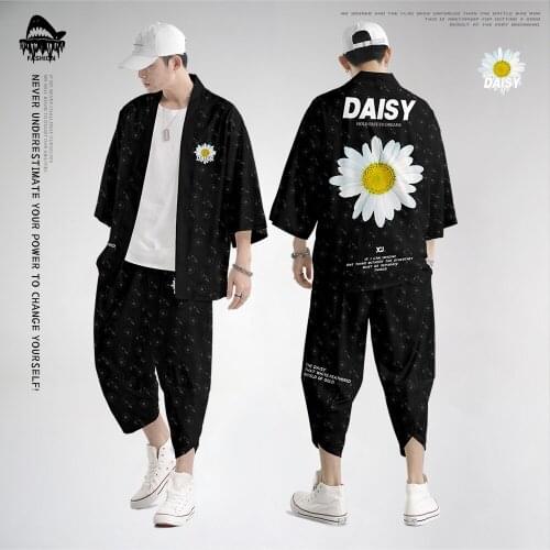Summer Chinese Daisy Printed Couple Beach Kimono Pants Suit Streetwear Men Women Cardigan Japan Harajuku Clothes Oversize 6XL