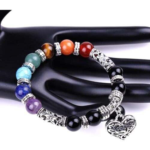 Peach Heart Pendant 7 Chakra Beaded Bracelets Locers Couples Distance 8 10mm Diameter Beads Charm Men Women Jewelry