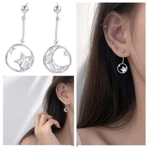 New Fashion Lady Silver 925 Earrings For Women Jewelry Charm Crystal Star Moon Drop Earrings Lady Accessories Lady Anniversary