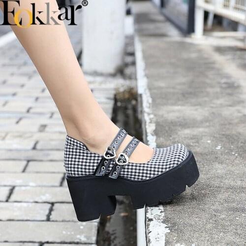 EOKKAR Women Plaid Mary Janes Platform Block High Heel Pumps for Women Shoes Gothic Mary Janes Lolita Cosplay Pumps Shoes
