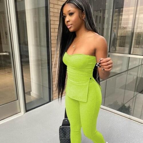 Spring Ribbed 2 Piece Tracksuit Women Casual Strapless Top and Skinny Pants Set Women Streetwear Club Bodycon Two Piece Outfits
