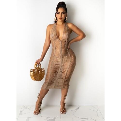 JRRY Sexy Women Knitted Dress Halter Backless Deep V Neck Crochet Dresses Sleeveless Hollow Out Bodycon Crocheted Beach Dress