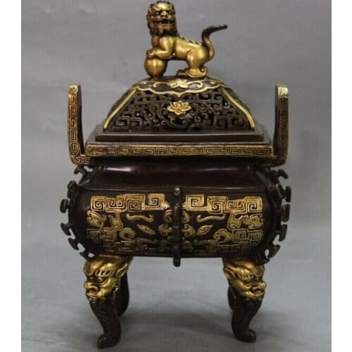 Xd 002514 8"Marked Chinese Purple Bronze 24K Gold Flower lion Incense Burner Censer Statue