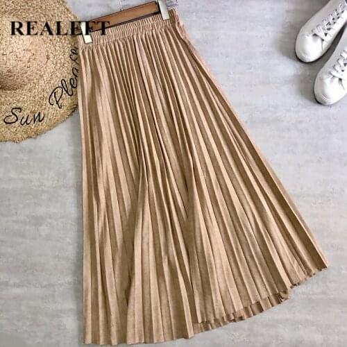 REALEFT 2020 New Autumn Winter Suede Long Skirts High Waist Womens Pleated Skirts Minimalist Solid Elegant Female Skirts Ladies
