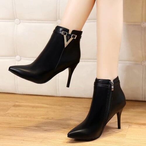 HOT Sale Autumn Stiletto Thin High Heels Zipper Style Sexy Womens Boots Bota Feminina Pointed Toe Faux Leather Red Ankle Boot 40