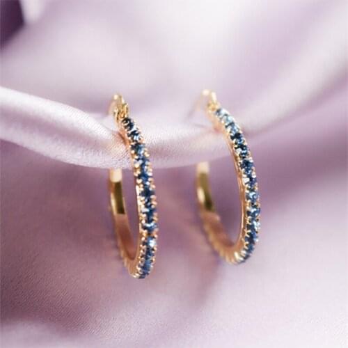 2021 New Trendy Academy Style Woman Hoop Earrings for Women Blue Shiny Cubic Zircon Ear Studs Elegant Female Fine Jewelry Gift