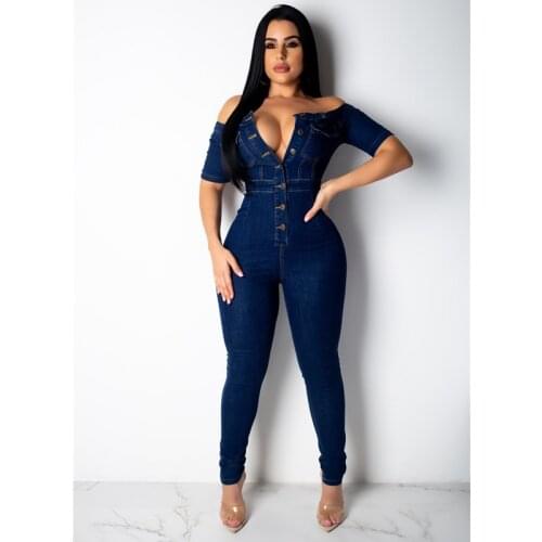 Sexy Off Shoulder Half Sleeve Cotton Bodycon Jeans Jumpsuit Denim Playsuit for Women 2020 Plus Size Elegance Jeans Woman Romper