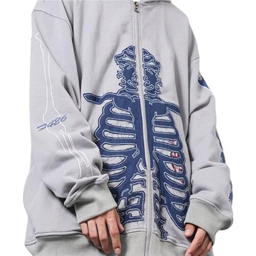 Oversized Women Casual Loose Hooded Adults Embroidered Skeleton & Letter Pattern Long Sleeve Sweatshirt Autumn Cardigan Jacket