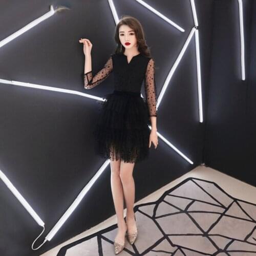 Banquet dress evening dress female 2020 new long-sleeved little black skirt annual meeting temperament party sequin short dress