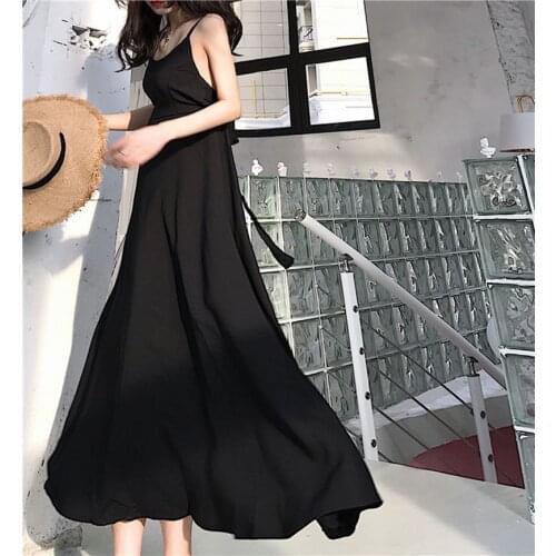 Summer womens dressTemperament little black dress beach seaside vacation fairy halter back slim high waist suspender long dress