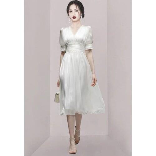 Runway Fashion V-Neck White Short Sleeve Elegant Party Vestidos Summer Ladies High Quality Women Solid Color Midi Dress