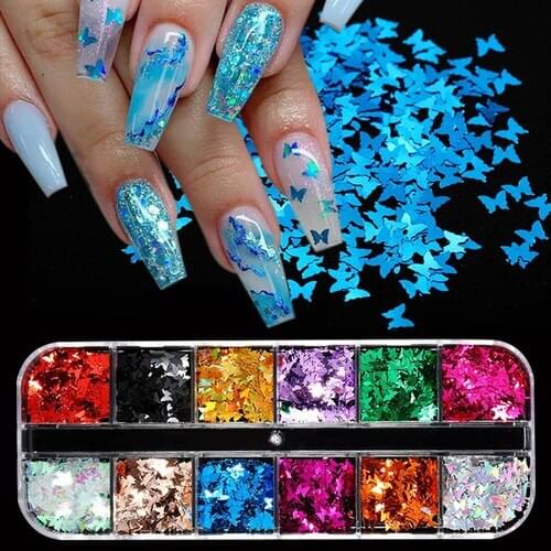 12 Grid/Set Nail Sequins Nail Art 3D Flakes Colorful fire Butterfly Design Stickers UV Gel Polish Nail Art Tool Decorations