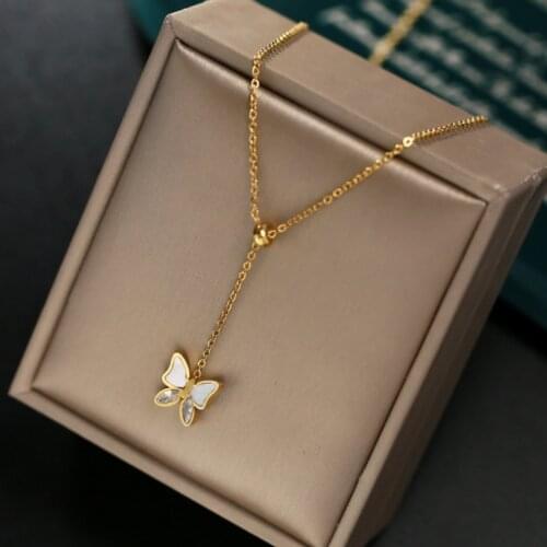 316L Stainless Steel Fine Upscale Jewelry Shell Zircon Butterfly Charms Pendants Length Adjustment Chain Necklaces For Women